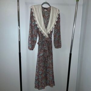 Blake Adams vintage floral prairie dress Sz 5/6 faux wrap lace collar tie sash